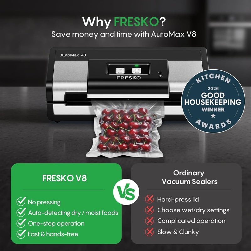 Fresko Fully Automatic Vacuum Sealer, 95Kpa Powerful Food Vacuum Sealer Machine, Auto Dry-Wet Detection | Bag Cutter | 2 Rolls Bags | Effortless Operation, Silver - Black - Image 5